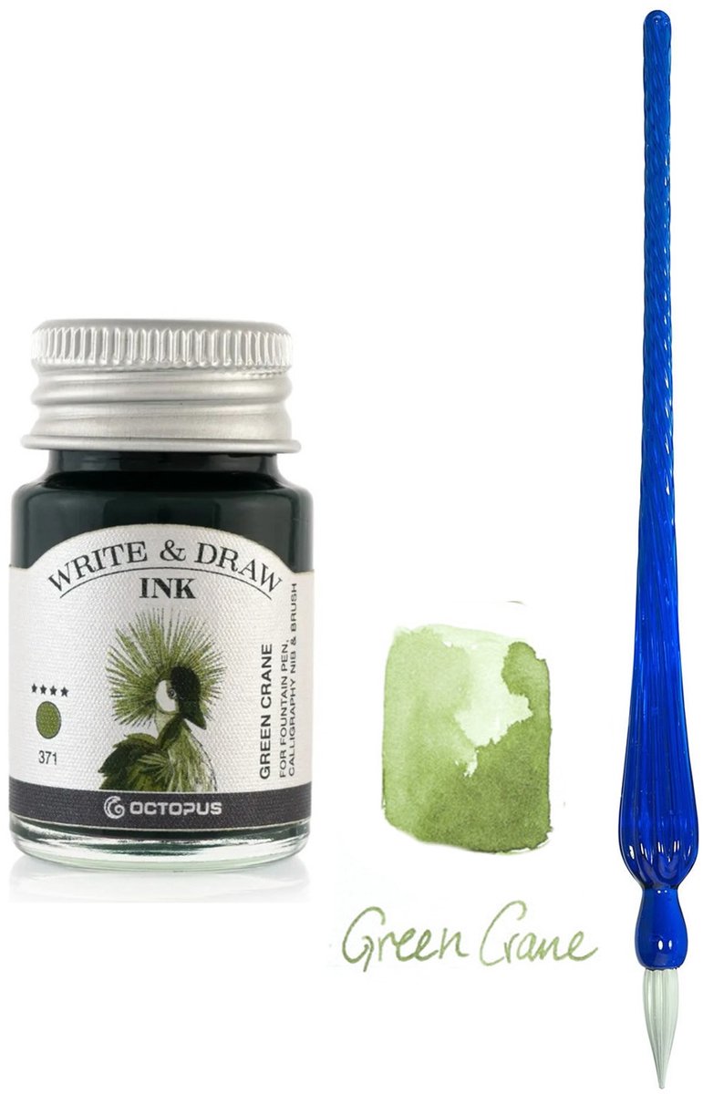 Glazen dip pen set in doosje - Blauw - Potje Octopus inkt green crane