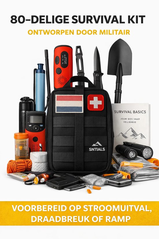 SNTIALS® - 100-delige Noodpakket XL - Survival Kit – Ontworpen Door Militair - EHBO, Powerbank, Waterfilter & Tools en Nood Gids/ Handboek – Voor Rampen, Stroomuitval, Kamperen & Overleven