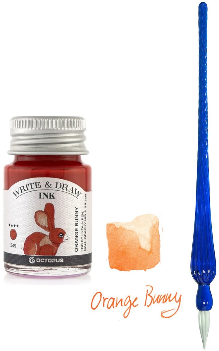 Glazen dip pen set in doosje - Blauw - Potje Octopus inkt oranje bunny