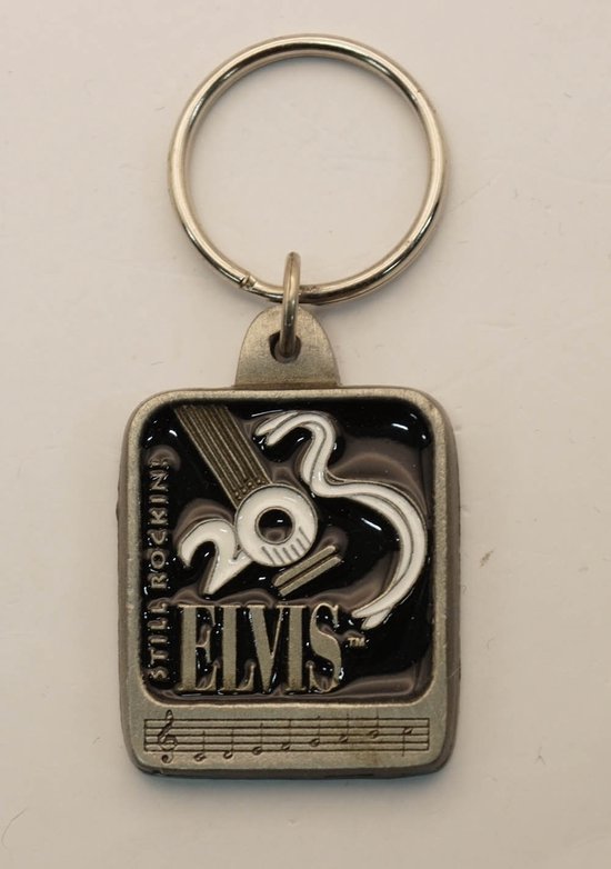 Sleutelhanger Elvis Presley met muzieknoten zwart / wit / nikkel - sleutelhanger Elvis Presley still rock in - official licensed product Elvis Presley sleutelhanger - keyring Elvis - Elvis artikelen