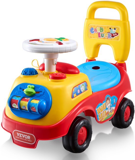 Multikleurende VEVOR loopauto met gele duwstang, rood/geel chassis, blauw stoeltje en interactieve voorkant.