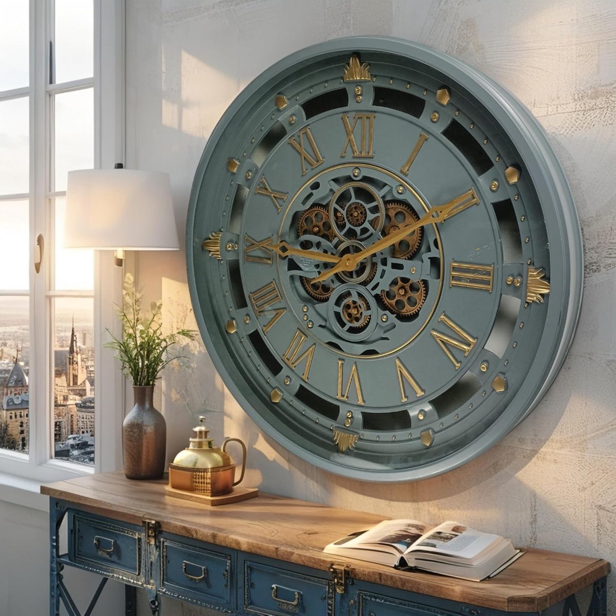 Grote Wandklok met Werkende Tandwielen 66 cm - Industriële Vintage Woondecoratie met Glazen Deksel