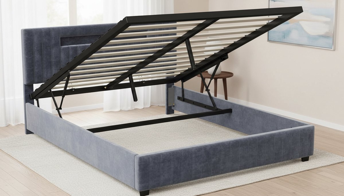 Opbergbed 140x200 cm met LED en USB – Casa Velluto Aurora Luxe Fluwelen Tweepersoonsbed met Hydraulische Opbergruimte – Gestoffeerd Bedframe met Lattenbodem – Grijs