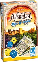 Doos van het bordspel Alhambra Roll & Write met een illustratie van een paleis, drie dobbelstenen en een spelbord.
