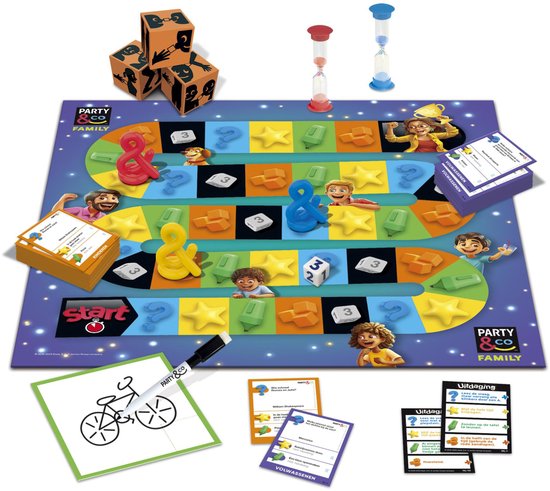 Het bordspel "Party & Co. Family" met speelbord, dobbelstenen, zandlopers en kaarten.