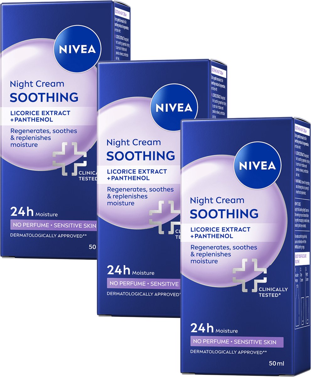 NIVEA Verzachtende Nachtcrème voor Vrouwen - Gevoelige huid - Ongeparfumeerd en PH-neutraal - Met Zoethoutextract en Druivenpitolie - 3 x 50 ml