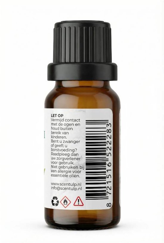 Achterkant van bruine fles met waarschuwingsinstructies en barcode. "LET OP".