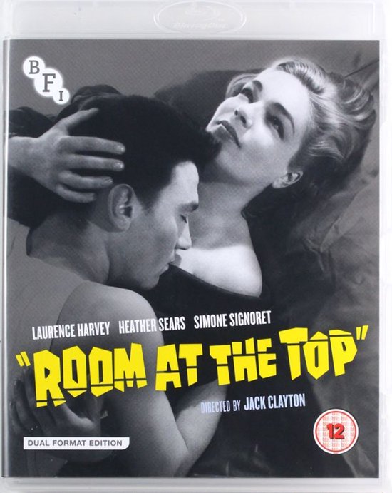 Hoes van de film 'Room at the Top' met Laurence Harvey en Simone Signoret. Zwart-wit.
