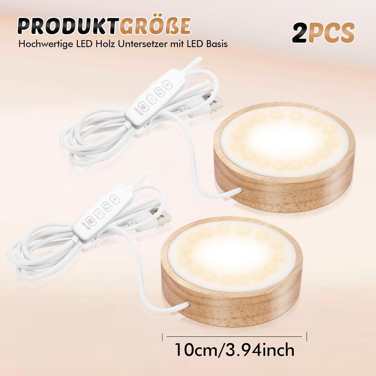 Set van 2 Houten LED Bases voor Kristalglas en Fotolijsten - Dimbare Onderzetters