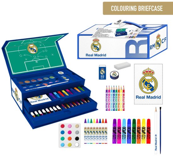 Real Madrid schrijf- en tekenset in blauwe koffer, compleet met verf, stiften, potloden, en voetbalveld op deksel.