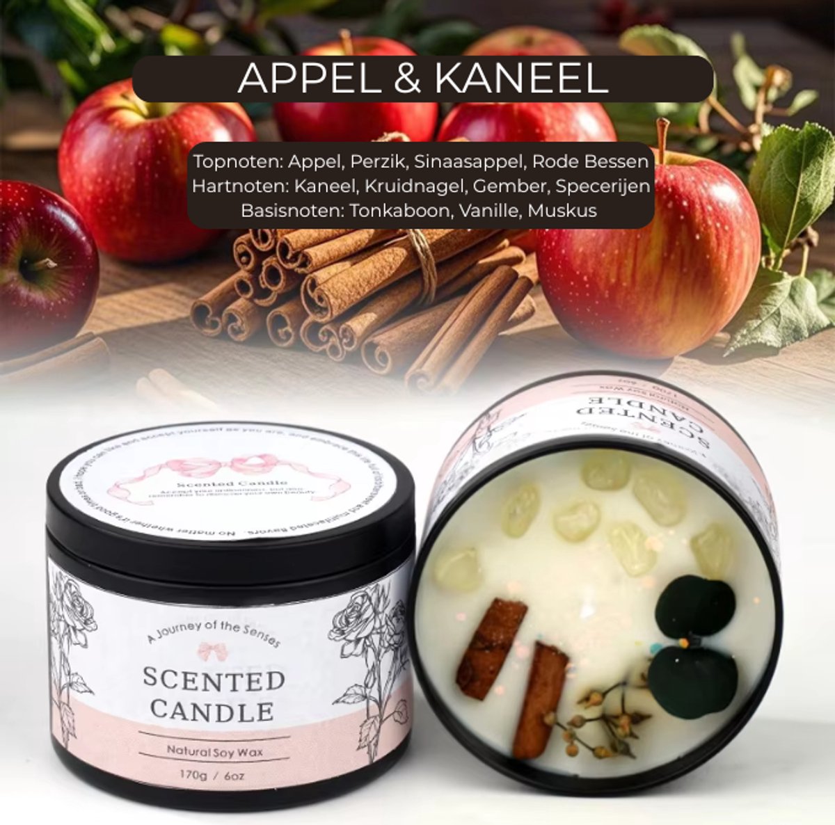 Luxe Geurkaars Appel & Kaneel – Sojawas – Scented Candle 170g – Warme Herfstgeur met Vanille & Tonkaboon – Aromatherapie Kaars in Blik