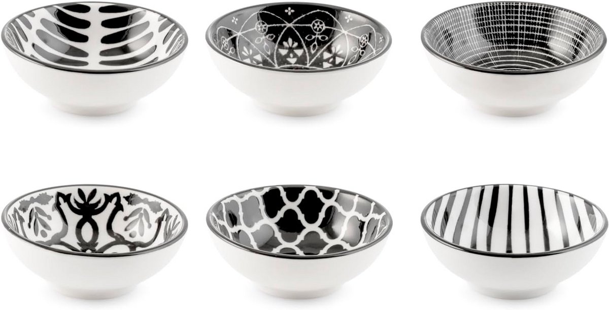 Set van 6 Porseleinen Ciotoline Schoteltjes, Zwart-Wit Patroon, 7.5 cm