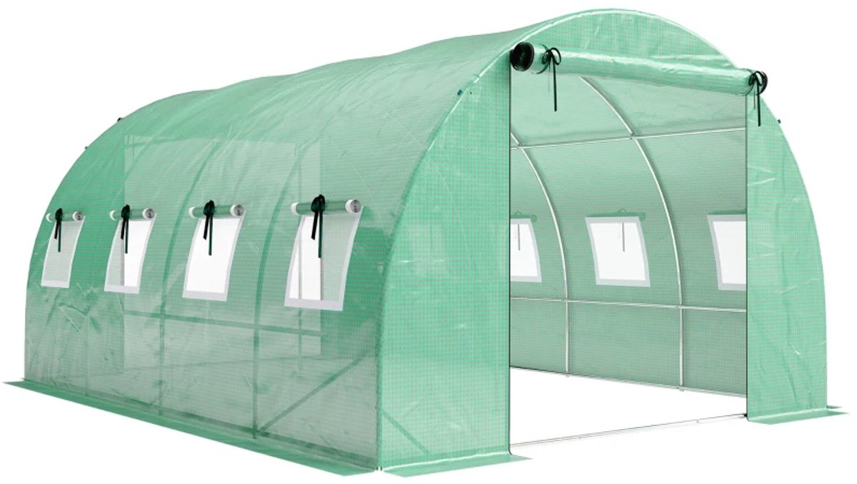 Polytunnelkas - Kas met 2 Roldeuren en 8 Ramen - Tunnelkas - Foliekas - Kweektunnel - Kweekkas - Kastunnel - Groentekas - Plantenhuis - Plantenteelt - Tomatenkas - voor Groenten, Bloemen, Planten - 400x300x200 cm - Groen