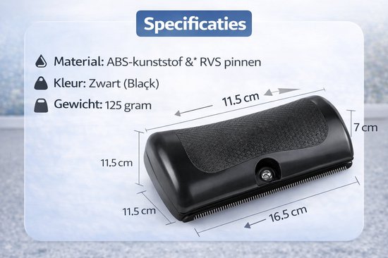 Zwarte ergonomische borstel met RVS pinnen. Afmetingen: 11.5 x 16.5 x 7 cm. Gewicht: 125 gram.