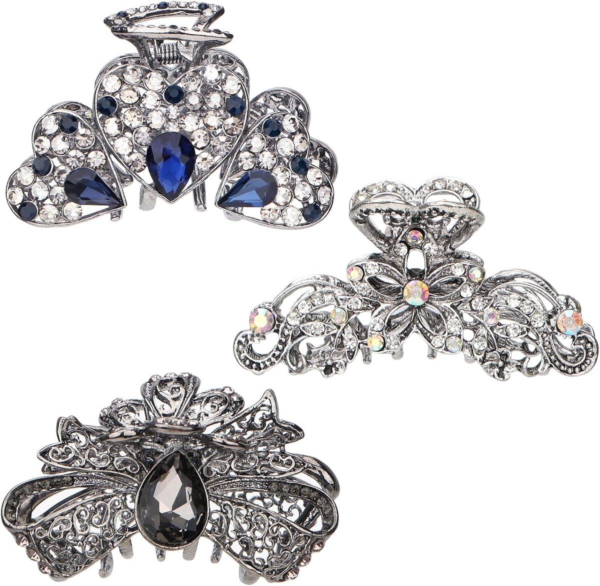 Set van 3 Grote Strass Kristal Haarclips voor Dik Haar - Stevige Metalen Klauwspeld