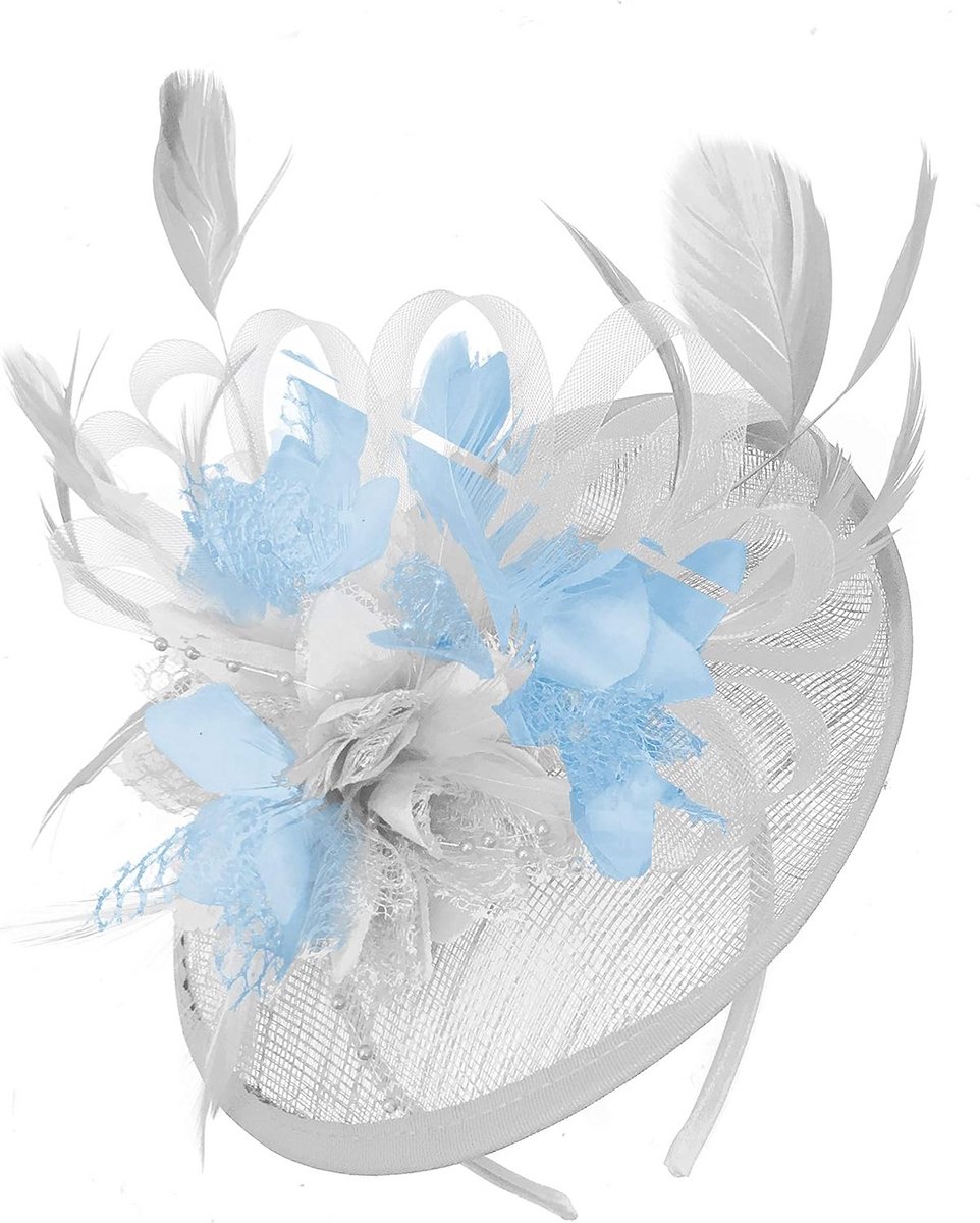 Lichtblauwe en Witte Fascinator Schotel Hoed voor Dames - Bruiloft en Feest Hoofddeksel