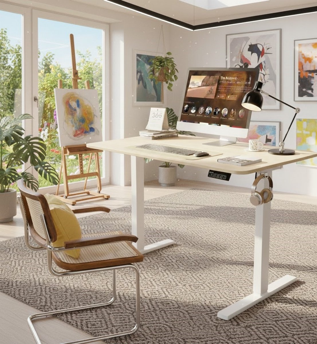 Elektrisch Zit Sta Bureau 110x60 cm – Hoogte Verstelbaar Bureau met Eiken Blad & Wit Frame – Ergonomisch Thuiswerk Bureau Casa Serena – Casa Dorada