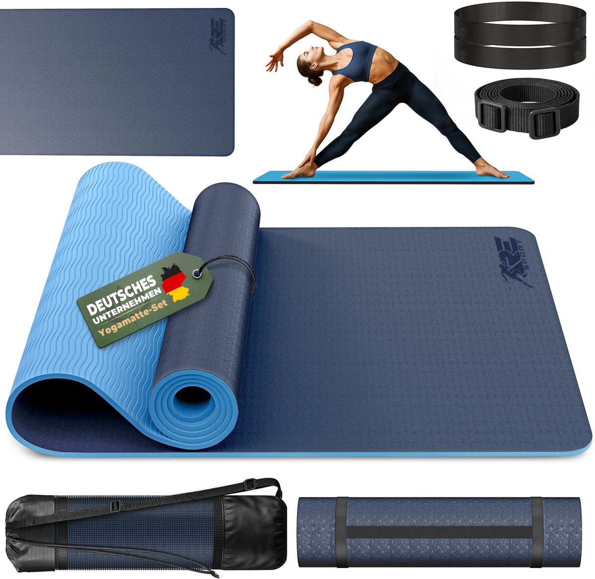 RE:SPORT Yogamat, ftalaatvrij, gymnastiekmat, antislip, fitnessmat, vrij van schadelijke stoffen, trainingsmat met draagriem, ftalaatvrij, 183 x 61 x 0,6 cm, marineblauw/lichtblauw