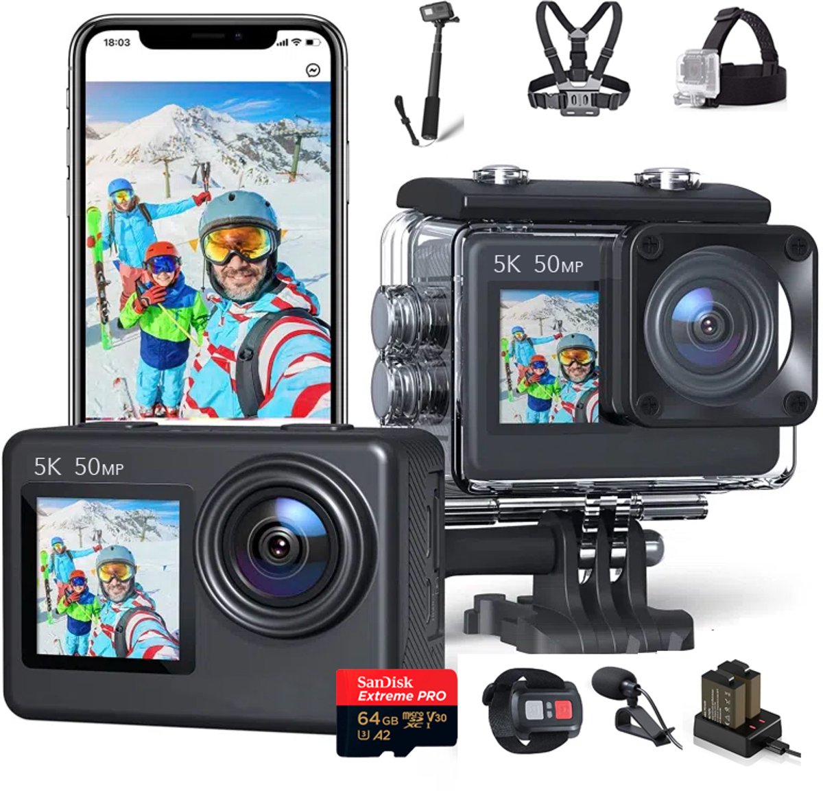 Bol.com JC's - Action Camera 5K - Touchscreen - Inclusief 64GB SD kaart - Borstband - Selfie stick - Hoofdband - Dual lader - Af... aanbieding