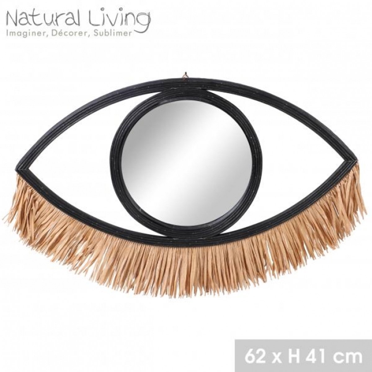 "NATURAL LIVING" Spiegel ILANA van zwart rotan met raffia franjes 62 x H41 cm