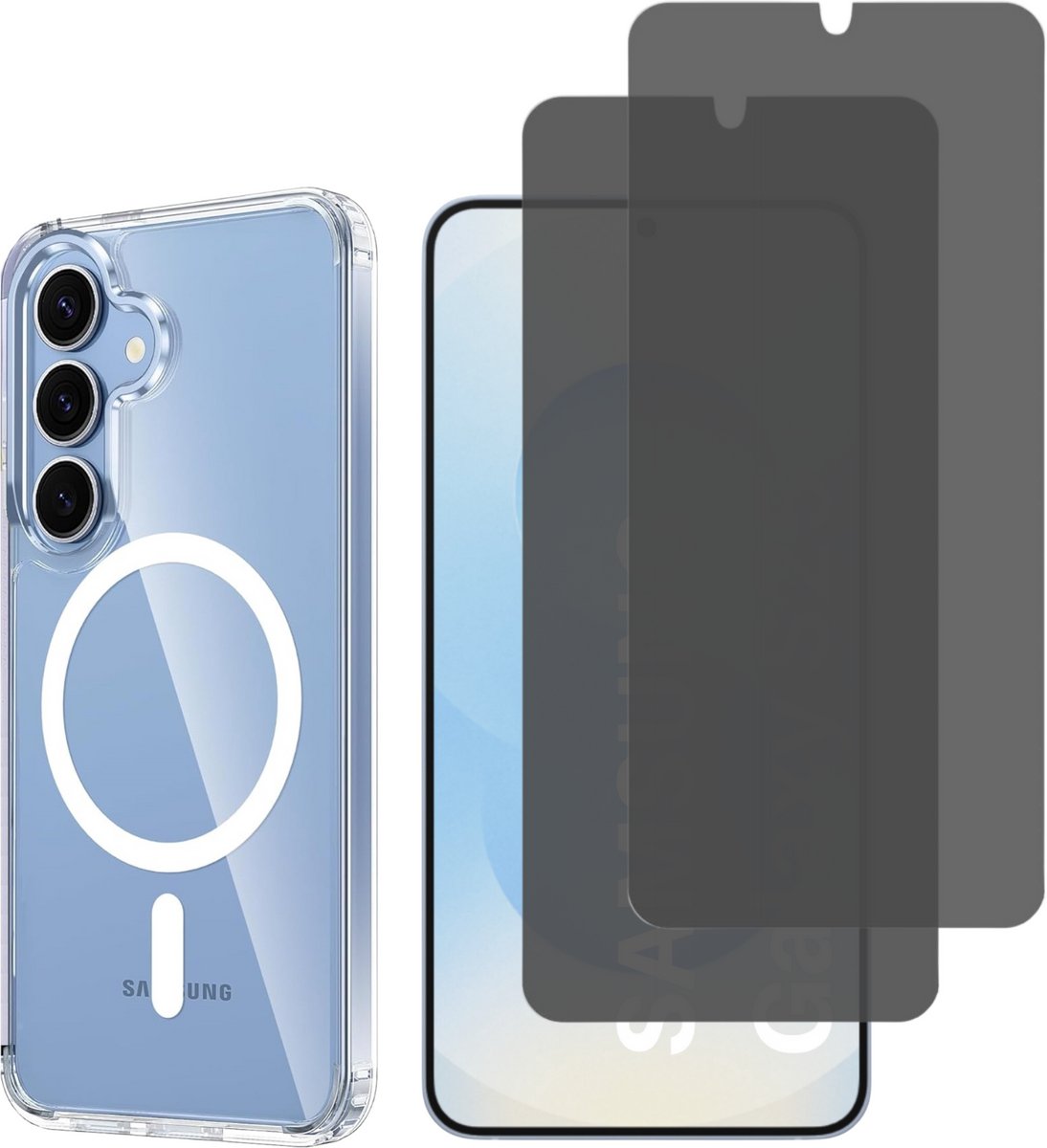 Samsung Galaxy S25 Plus Hoesje backcover Shockproof siliconen Transparant met geïntegreerde magnetische cirkelen 2 stuks Beschermglas Privacy Glas Screenprotector van glazen schermbeschermfolie