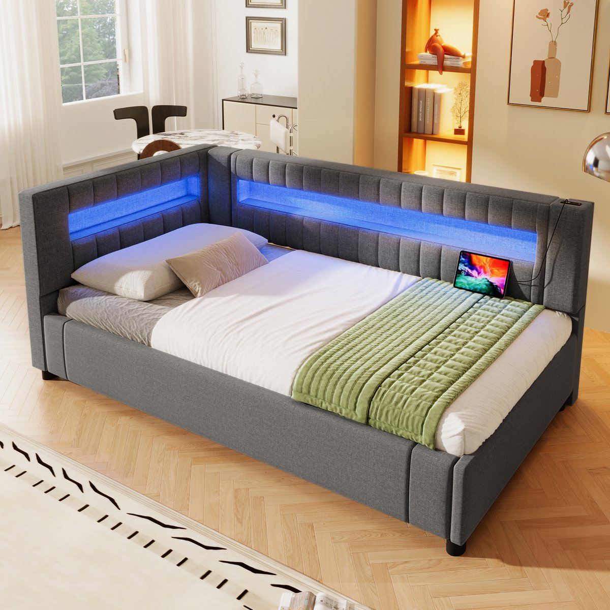 MODFU Bedframe 90x200 cm – linnen en MDF – met hydraulische opbergruimte en LED-licht – grijs – modern design