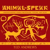 Boekhoes Animal Speak met gele tekeningen van een mens en een hert op rood. Onderaan staat Ted Andrews.