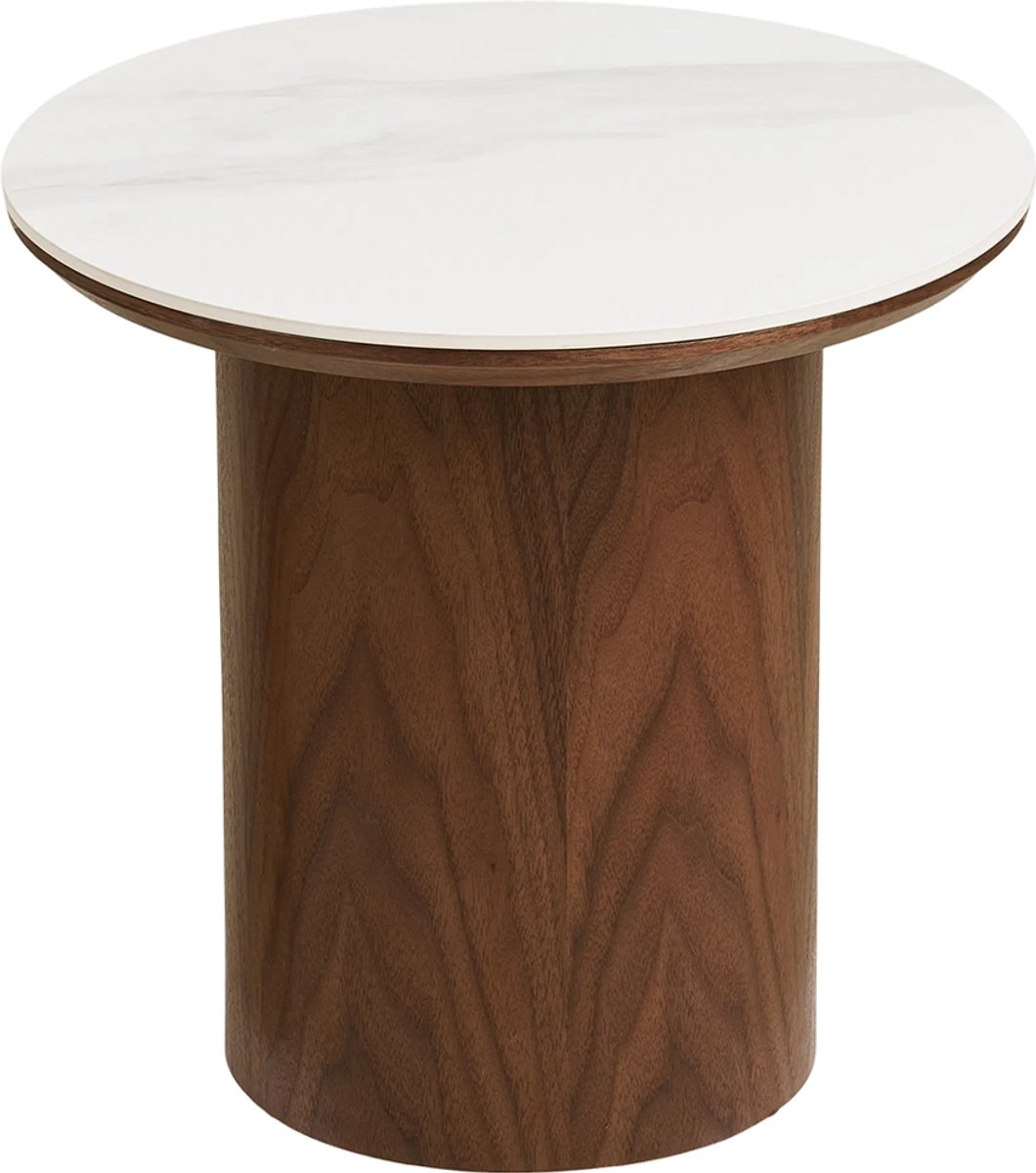 Artichok Nour Houten Bijzettafel Met Keramiek Blad - Donkerbruin - Wit - Essenhout - Gemarmerd - Ø40