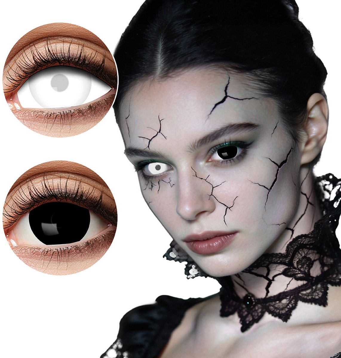 Boland - Paar 6-maandslenzen Mini sclera Eclipse Zwart,Wit - Volwassenen - Halloween en Horror, Gothic - Heks - Spook - Demoon - Cosplay - Make-up