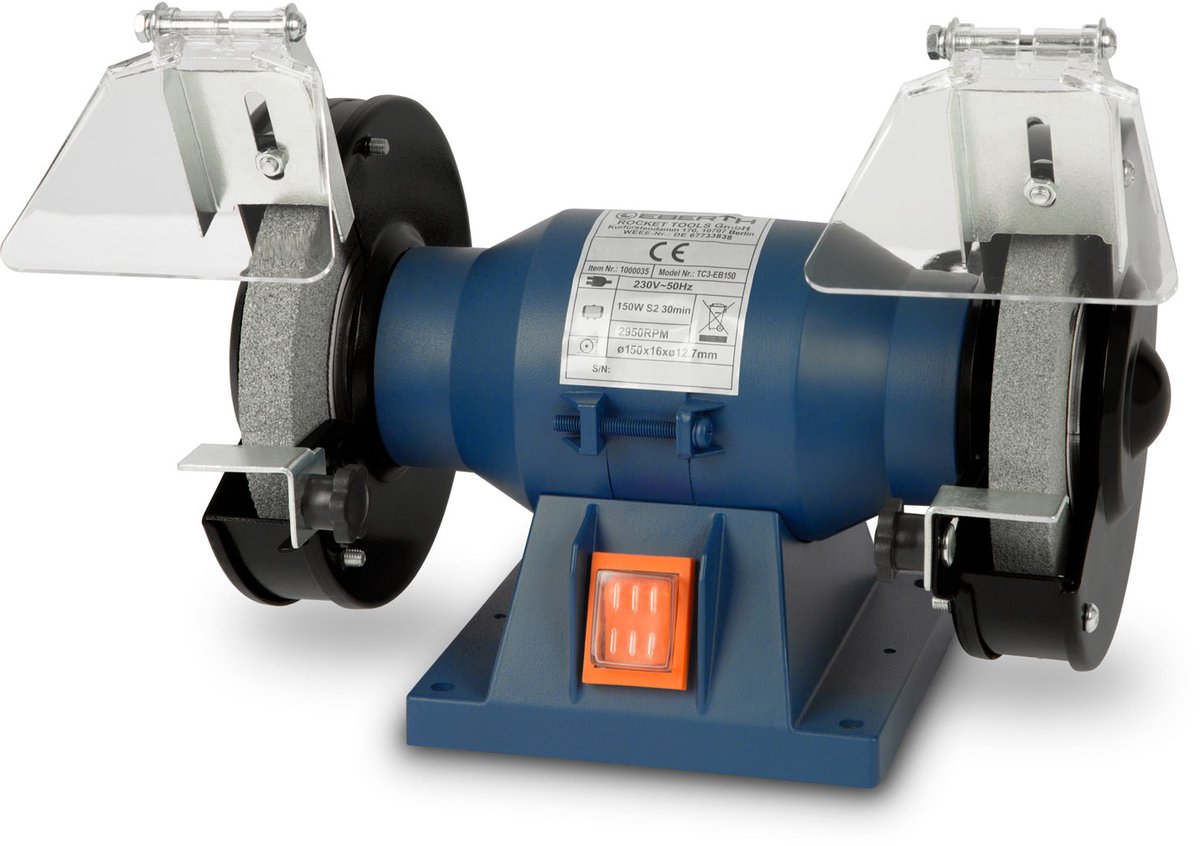 EBERTH slijpbok dubbele slijpmachine Elektrisch 150 W, grove A36, fijne A60 slijpschijf met een diameter van 150 mm, 2x vonkenvanger, 2x gereedschapshouder, rubberen voetjes, tafelmontage