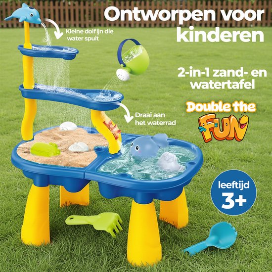 Blauwe en gele water-zandtafel met waterval, dolfijn en accessoires. Geschikt voor kinderen vanaf 3 jaar.