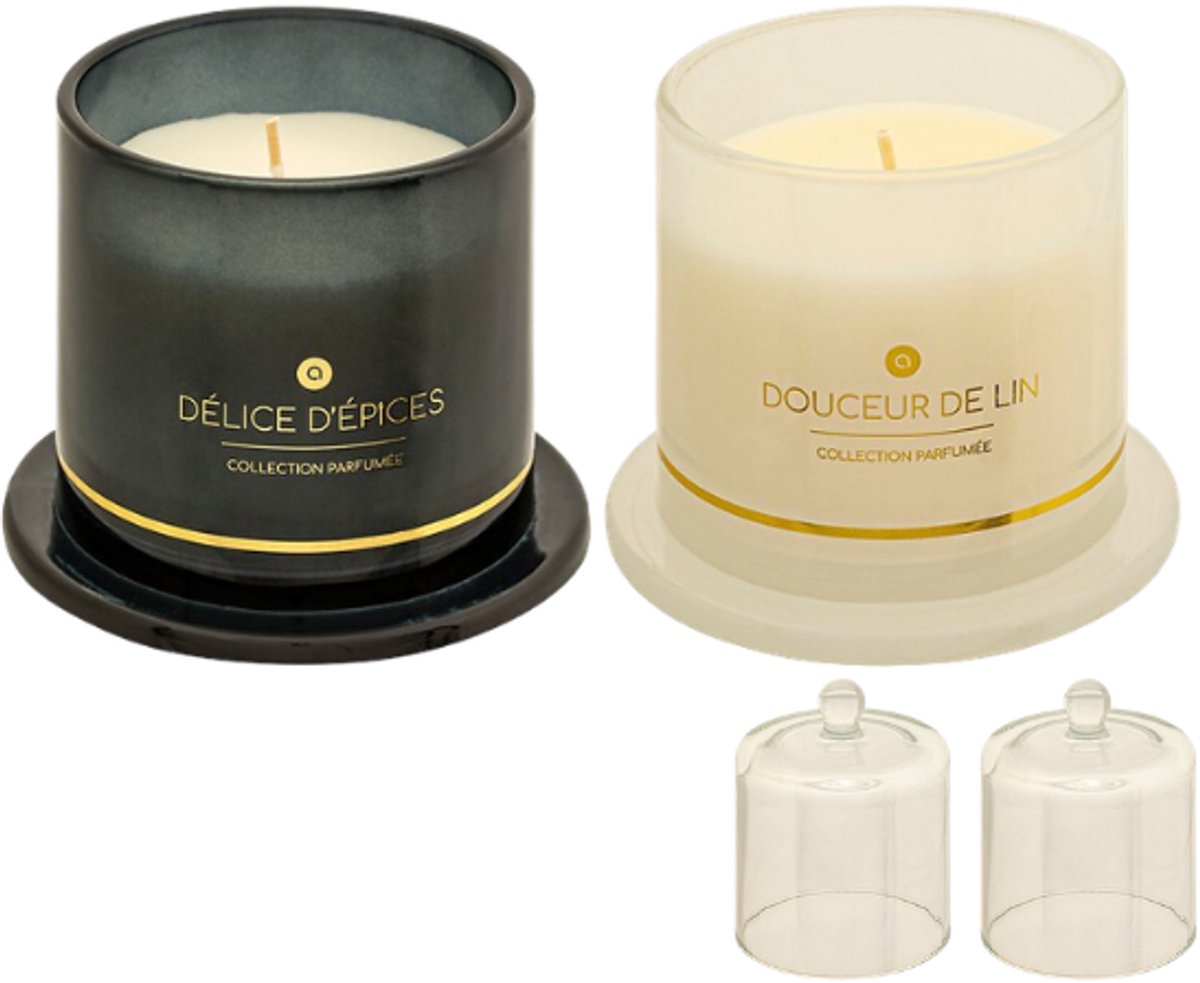 ILAE Geurkaars - Geurkaars in Glazen met Deksel - Set van 2 - Spices & Linen - Scented Candles - Luxe Woondecoratie - 240g - Ø10.8 x 13.8 cm - Zwart & Wit Glas — cadeau in Wonen & Interieur - foto 3