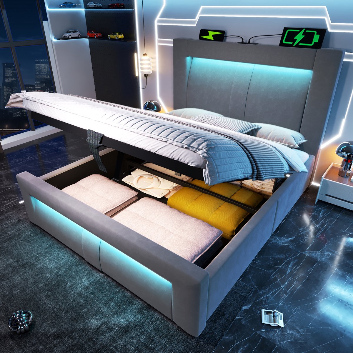 HAUSS SPOLE Gestoffeerd Bed 90x200cm - Met Led Verlichting Met App Bediening En Afstandsbediening - Met Opbergruimte En Usb En Type C - Zonder Matras - Fluweel - Grijs