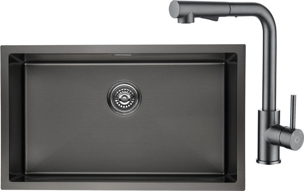 Lonheo max Spoelbak Antraciet 74x44cm - Spoelbak Keuken Met Keukenkraan Met Uittrekbare Uitloop - Geborstelde Spoelbakken Keuken RVS - Spoelbak Met Afdruipgedeelte