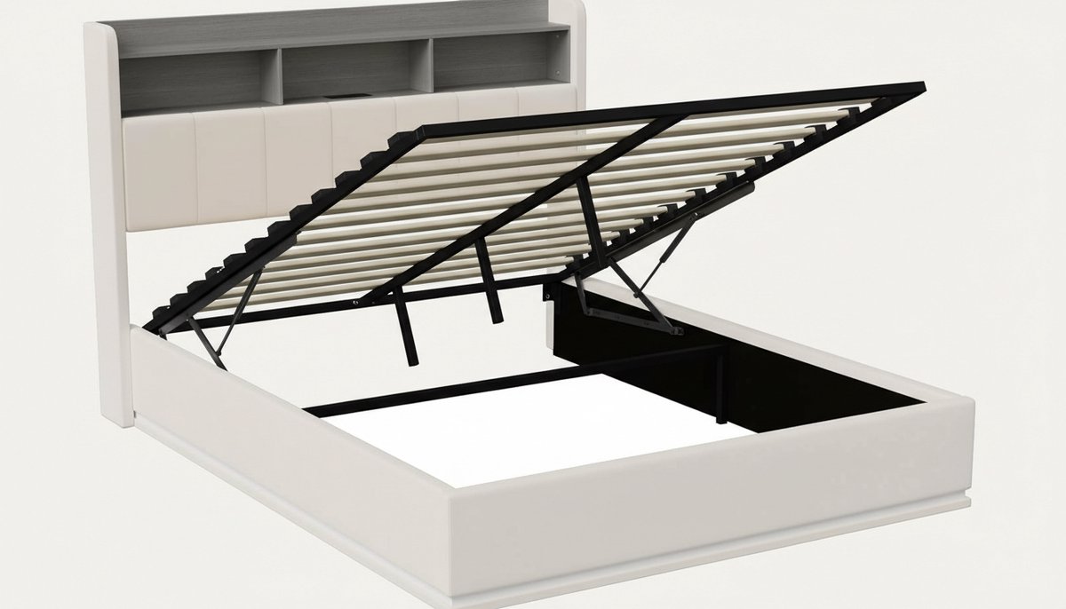 Gestoffeerd Tweepersoonsbed 140x200 cm – Casa Velluto Hydraulisch Opbergbed met LED-hoofdeinde, USB-aansluiting en Lattenbodem, Fluwelen Bedframe voor Volwassenen en Jongeren – Modern Luxe Opbergbed