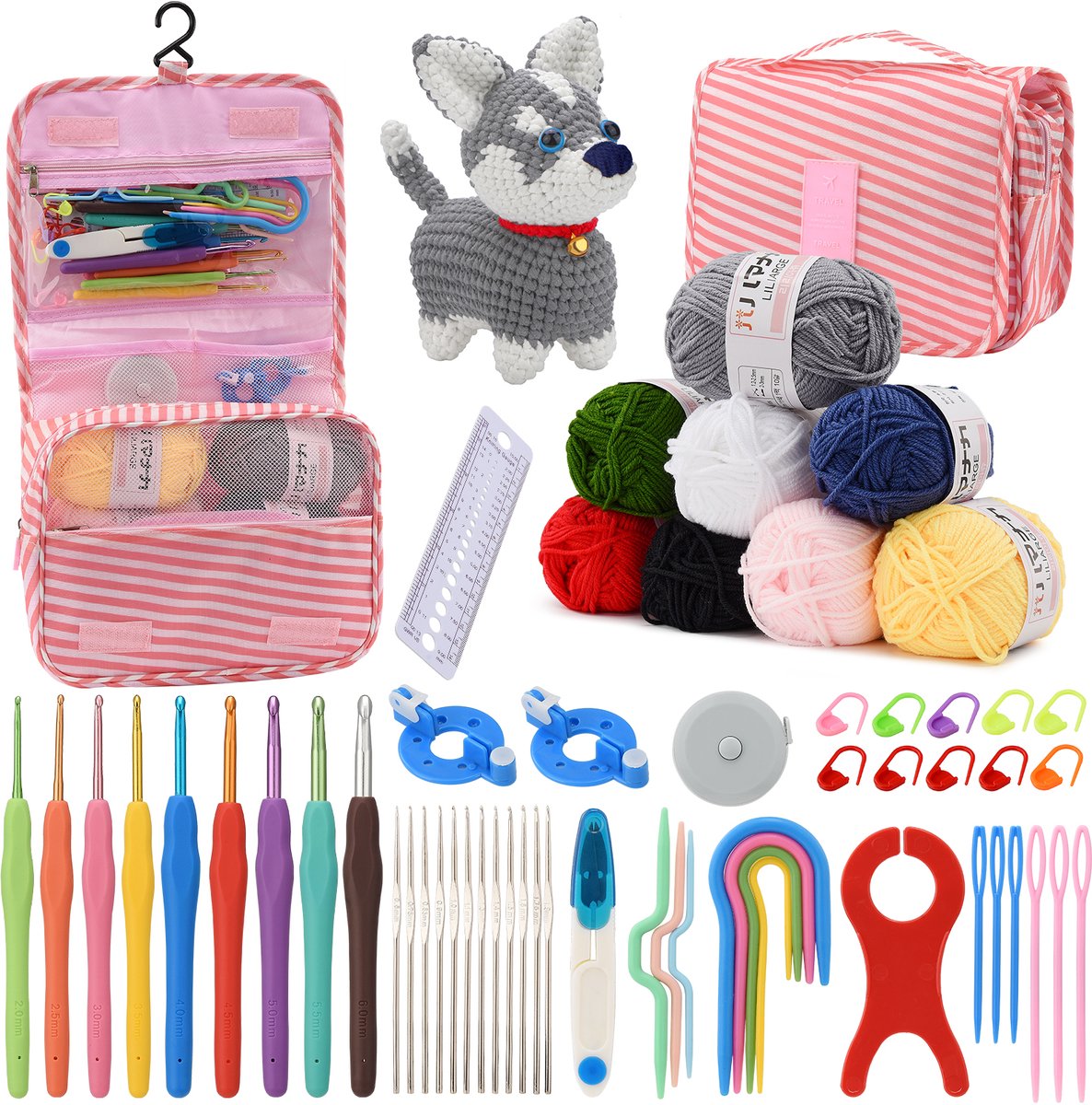 63 Delige Haaknaaldenset voor Beginners – Met 8 Wollen Bolletjes, Ergonomische Haaknaalden 2,0-6,0 mm, Roze Opbergtas & Complete Accessoires voor DIY