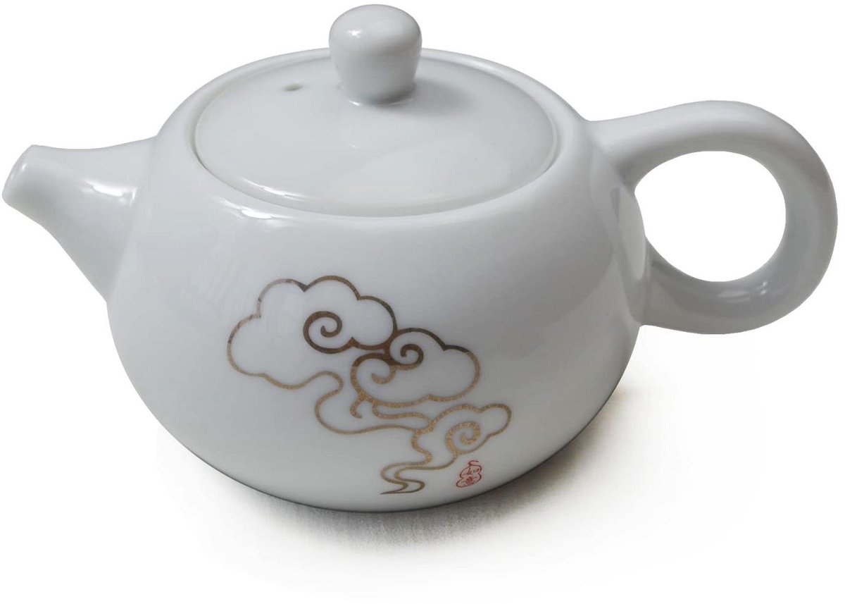 Elkuaie Koffiepot - Theepot - Porseleinen Theepot Met Gouden Gelukswolk Decoratie En Integrale Hemisferische Zeef - 1 Stuk - Wit