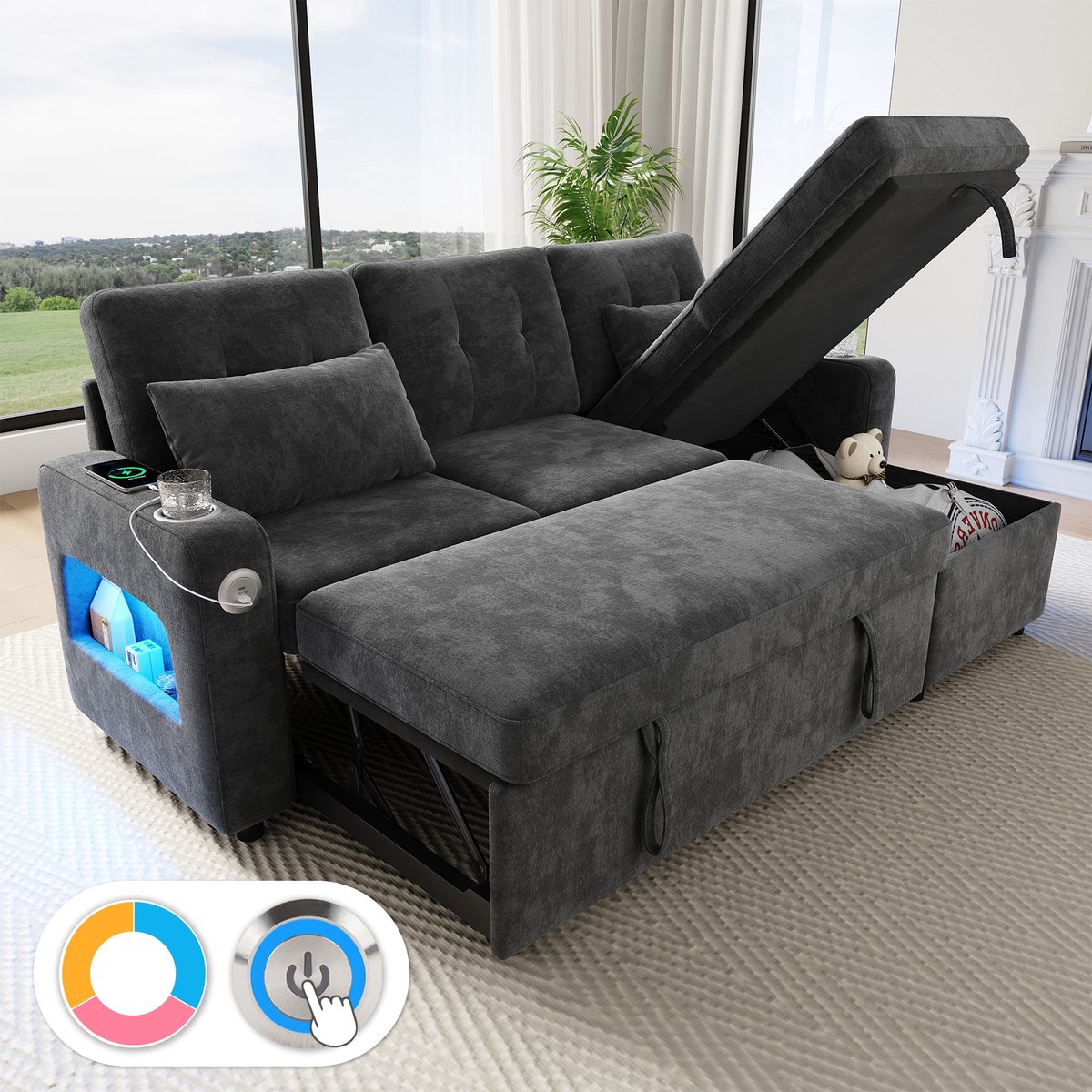 Sweiko Hoekbank - Met slaapfunctie - Opslagruimte - Chenille stof - USB/Type-C - LED-verlichting - Grijs
