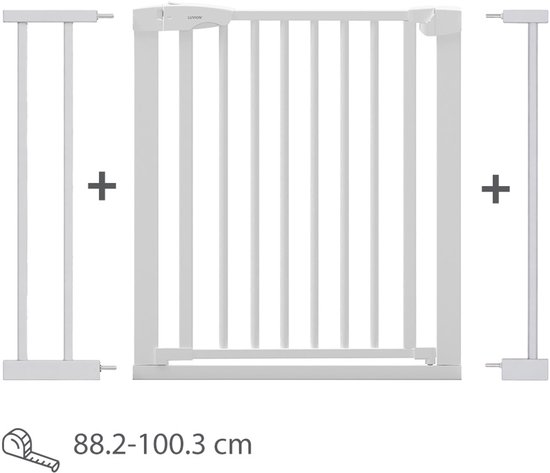 Wit veiligheidshekje met scharnieren en twee uitbreidingsstukken voor breedte 88,2-100,3 cm.