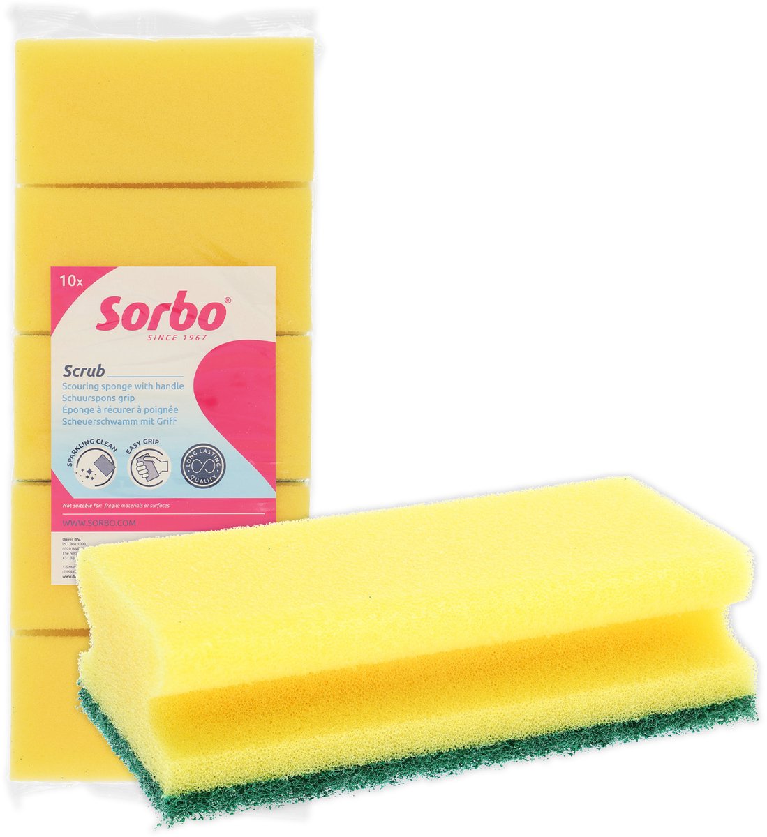 Sorbo Schuurspons – Set van 10 Stuks – Met Handgreep & Groene Schuurzijde – Voor Hardnekkig Vuil, Vet & Kalkaanslag – Viscose