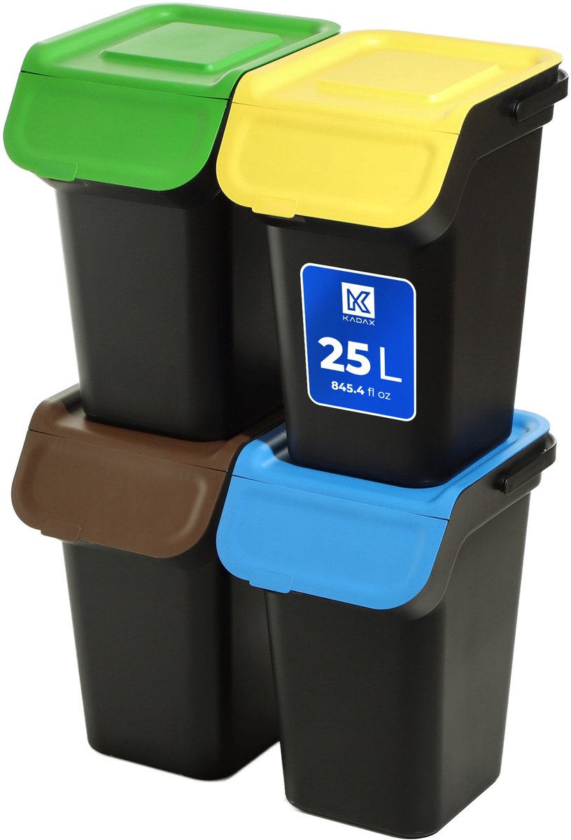 KADAX Afvalscheidingssysteemset, afvalcontainer met luchtdicht klapdeksel, afvalscheidingscontainer 25 liter, afvalverzamelaar, vuilnisemmer voor keuken, afvalemmer (zwart, 4 x 25 liter)