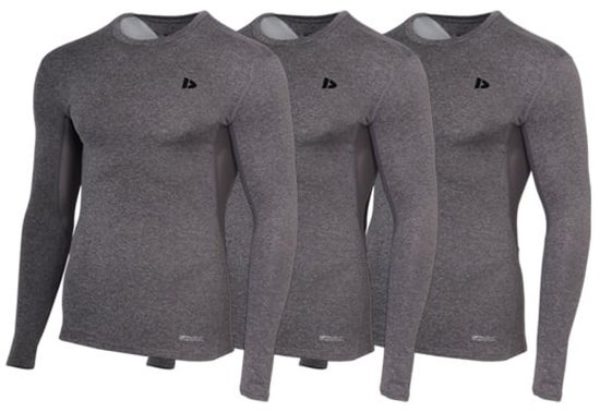 Drie grijze heren longsleeve shirts met logo op borst. Meshpanelen aan zijkant.