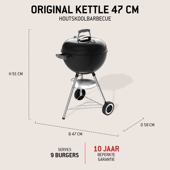 Weber Original Kettle - Ø 47 cm Grillrooster - Houtskoolbarbecue - Zwart - Asopvangschaal - 2 Duurzame, weerbestendige wielen - One-Touch Reinigingssysteem - Dekselthermometer - 2 Gereedschapshaken - Kras- en roestbestendig