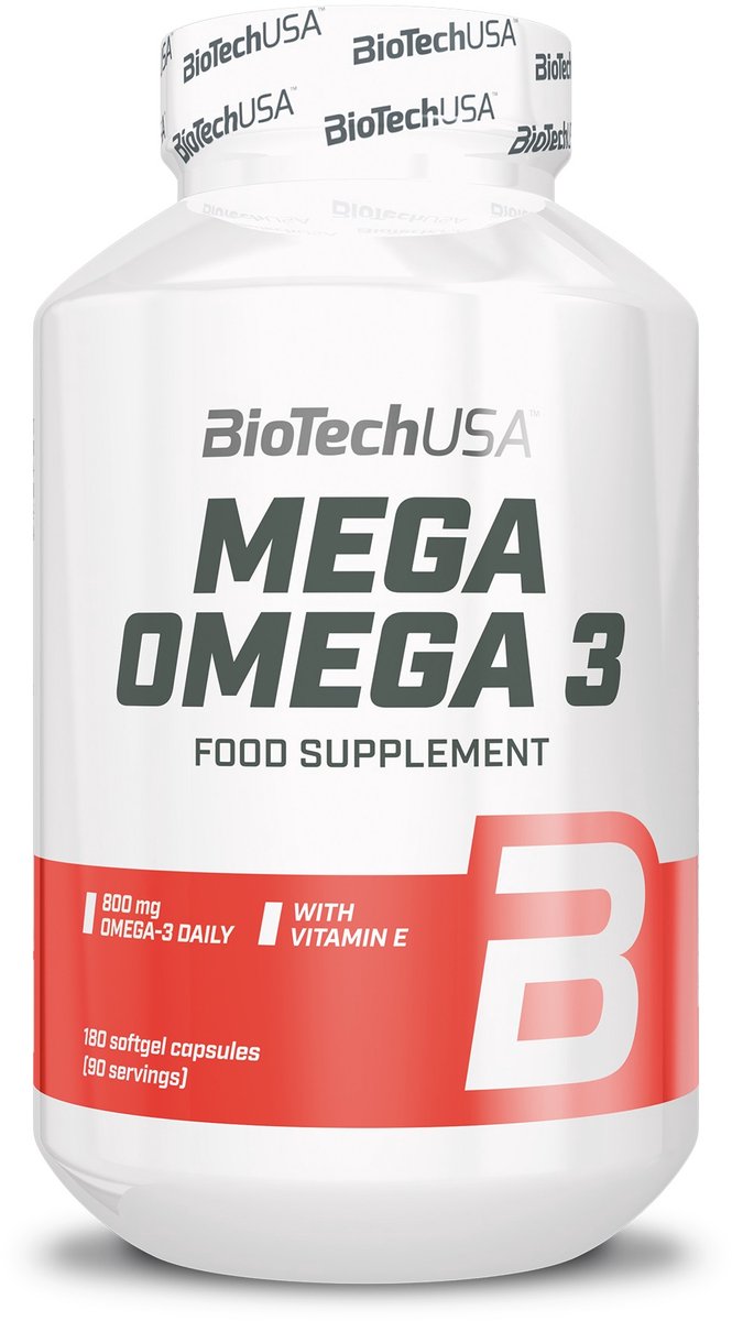 BioTechUSA Mega Omega 3 Softgel Capsules | 70% EPA en DHA | Normale Gezondheid van Hersenen en Hart | Toegevoegde Vitamine E, 180 capsules