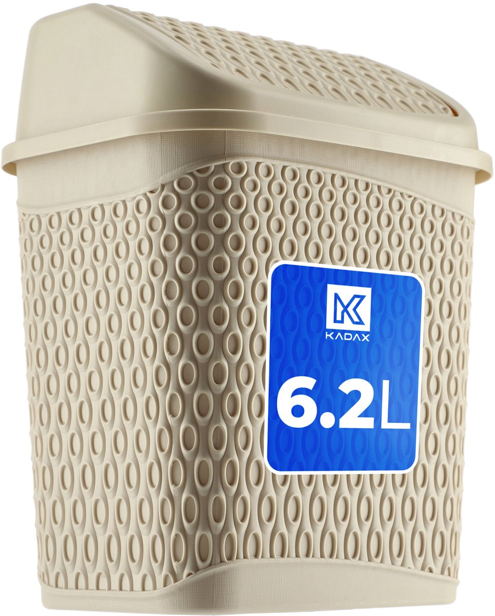 KADAX Vuilnisemmer met schommeldeksel, afvalemmer met deksel, afvalemmer van plastic, prullenbak met roldeksel, beige