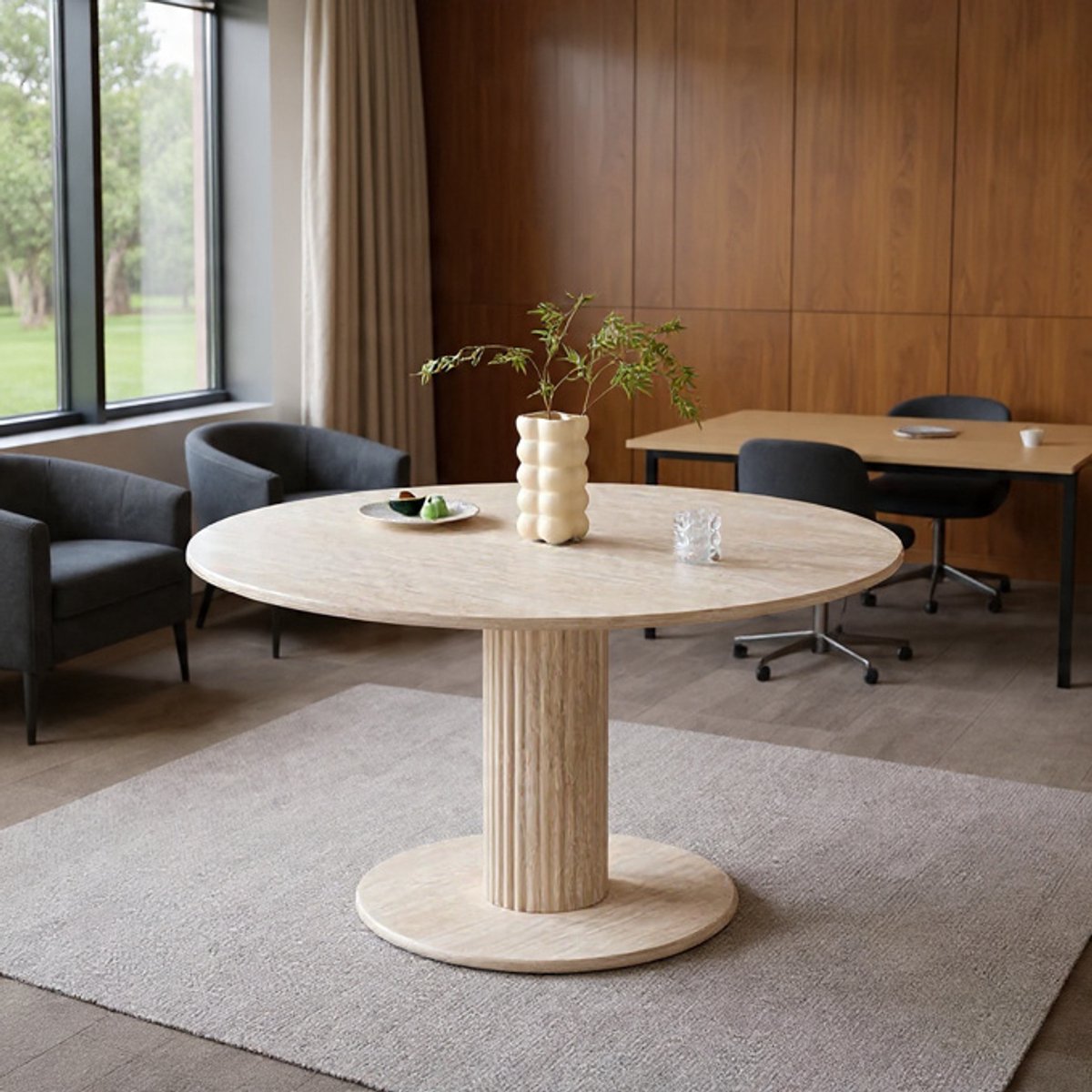 Ronde Eettafel Travino Luxe 115 cm - Marmerlook Travertijn - Cilindrische Potten - Modern Minimalistisch Design Eettafel voor Woonkamer & Keuken-Casa Serena – 115 cm – Casa Dorada