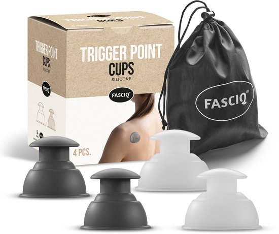 Doos met 'FASCIQ' Trigger Point Cups, 2 grijze en 2 witte cups, met een zwarte opbergzak.