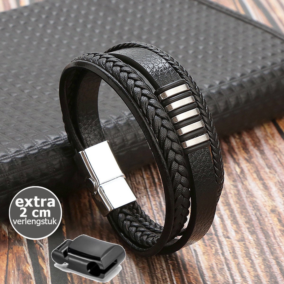 KHRONOX® Armband, Armband Heren, kh05 23 cm ZWART, Natuurstenen, Armbanden, Leren Armband Heren, Leren Armband, Leren Armbanden, Armbandje, Kunstleer, Mannen, Magnetische Sluiting, + 2 CM Verlengstuk, Verjaardag, Vaderdag, Valentijnsdag, Cadeautje