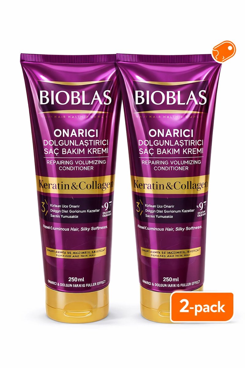 Bioblas Keratin & Collagen Conditioner – 2-Pack (2x250 ml) – Repairing & Volumizing – For Damaged Hair