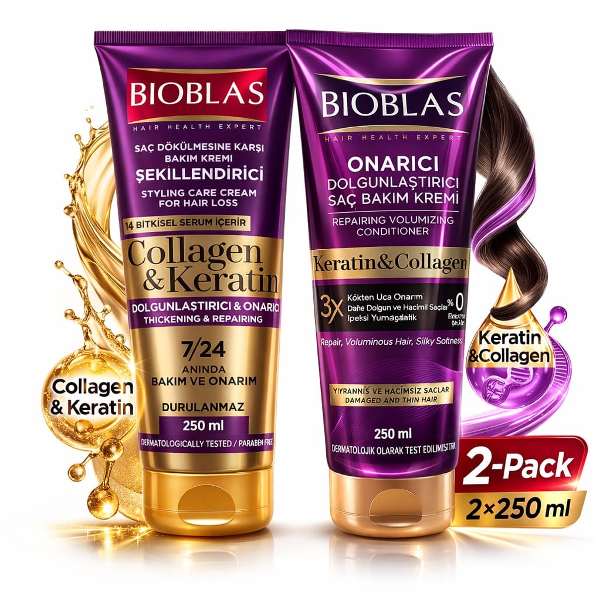 Bioblas Keratin & Collagen Hair Care Set – 2-Pack (2x250 ml) – Styling Cream + Conditioner – For Damaged Hair